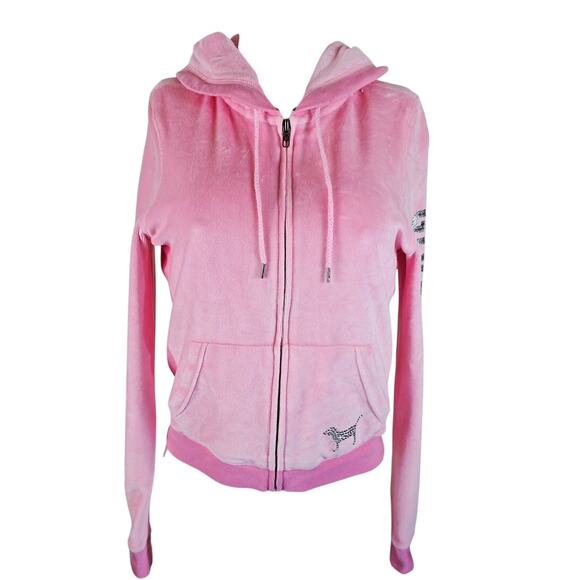 Victoria Secret Cropped Velvet Pink Silver Hooded Womens Jacket M - Picture 1 of 8